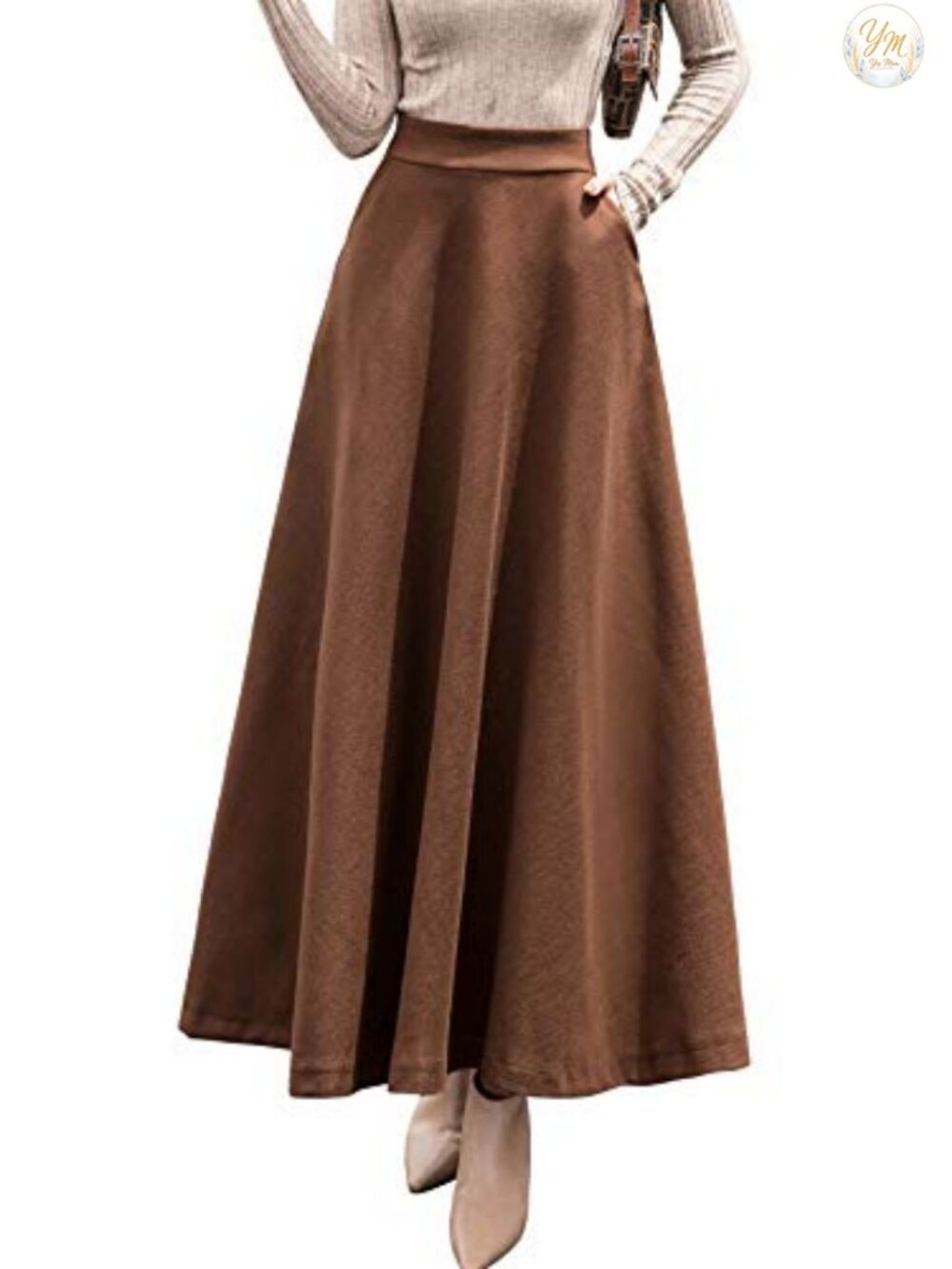 Wool Blend High Waist A-Line Pleated Maxi Skirt